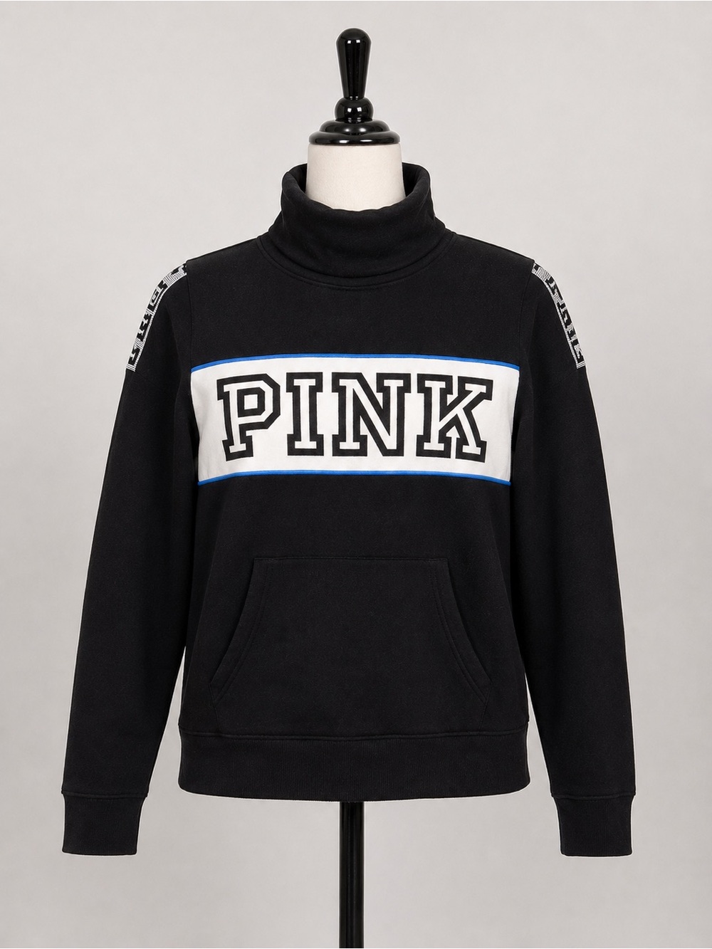 PINK Victoria’s Secret Petite Pullover Sweatshirt Black Funnel Neck Logo Pocket
